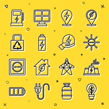 Set line Light bulb with leaf, Power station plant factory, Solar energy panel, Lightning bolt, Battery, Paper bag recycle, Electric car charging and icon. Vector