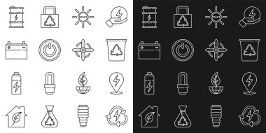 Set line Battery with recycle, Lightning bolt, Recycle bin, Solar energy panel, Power button, Car battery, Bio fuel barrel and Wind turbine icon. Vector