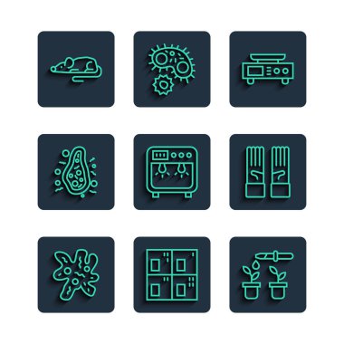 Set line Cell, Periodic table, Pipette and plant, Electronic scales, Biosafety box, Bacteria, Experimental mouse and Medical rubber gloves icon. Vector