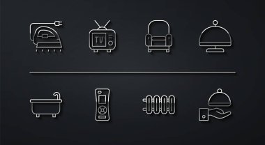 Set line Electric iron, Bathtub, Covered with tray, Heating radiator, Remote control, Retro tv, and Armchair icon. Vector