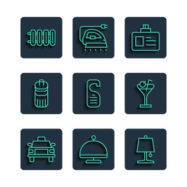 Set line Taxi car, Covered with tray, Table lamp, Identification badge, Please do not disturb, Trash can, Heating radiator and Martini glass icon. Vector