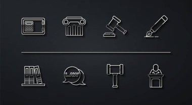 Set line Safe, Office folders, Fountain pen nib, Judge gavel, Law, pillar, and icon. Vector