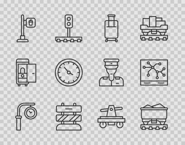 Set line Train station clock, Coal train wagon, Suitcase, End of railway tracks, Cafe and restaurant location, Draisine or handcar and Railway map icon. Vector
