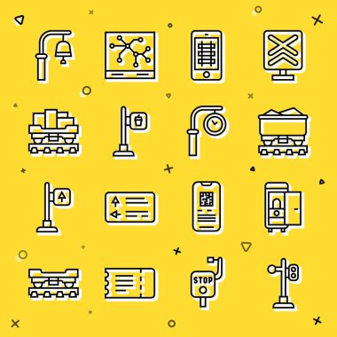 Set line Train traffic light, Toilet the train car, Coal wagon, Buy ticket online, Cafe and restaurant location, Cargo, station bell and clock icon. Vector