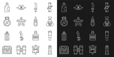 Set line Lighthouse, Spyglass telescope lens, Pirate coin, sword, Starfish, Compass, Alcohol drink Rum and Gallows rope loop hanging icon. Vector