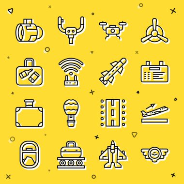 Set line Aviation emblem, Plane takeoff, Airport board, Drone flying, Router and wi-fi signal, Suitcase, Jet engine turbine and Rocket icon. Vector