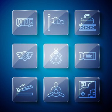 Set line Plane takeoff, propeller, World travel map, Conveyor belt with suitcase, Barometer, Aviation emblem, Airport bus and Airline ticket icon. Vector