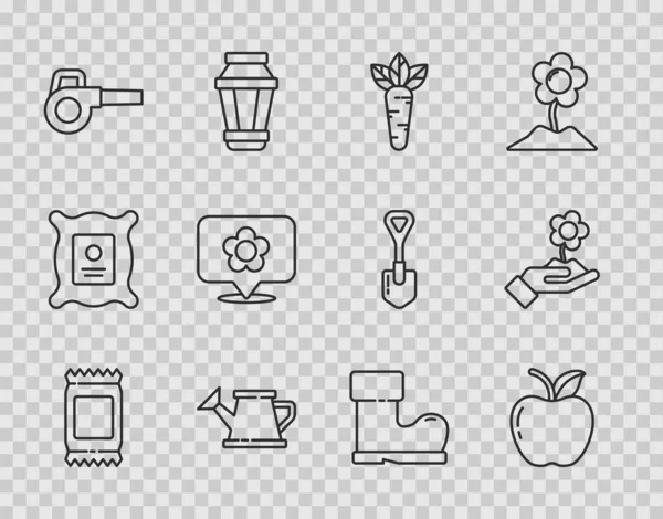 Set line Fertilizer bag, Apple, Carrot, Watering can, Leaf garden blower, Location with flower, Waterproof rubber boot and Hand holding icon. Vector — Stockvektor