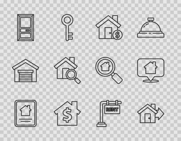 Set line Online real estate house, Sale, House with dollar symbol, Closed door, Search, Hanging sign Rent and Location icon. Vector — Image vectorielle