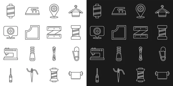 Set line Textile fabric roll, Safety pin, Sewing thread, Location tailor shop, Pattern, and Tape measure icon. Vector — Vector de stock