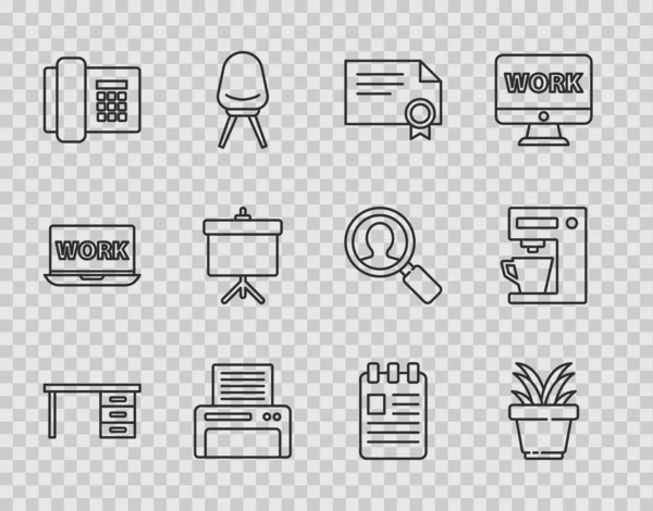 Set line Office desk, Plant in pot, Certificate template, Printer, Telephone, Chalkboard with diagram, Spiral notebook and Coffee machine icon. Vector — Image vectorielle