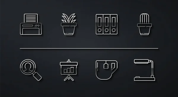 Set line Printer, Magnifying glass for search people, Cactus and succulent pot, Cup of tea with tea bag, Chalkboard diagram, Plant, Table lamp and Office folders icon. Vector — Vetor de Stock