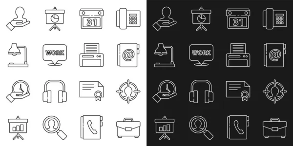 Set line Briefcase, Head hunting concept, Address book, Calendar, Location with text work, Table lamp, Hand for search people and Printer icon. Vector — Stockvector
