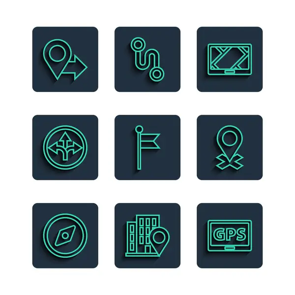 Imposta la bussola, la posizione con la casa, la mappa del dispositivo Gps, il marcatore, il segnale stradale e l'icona. Vettore — Vettoriale Stock