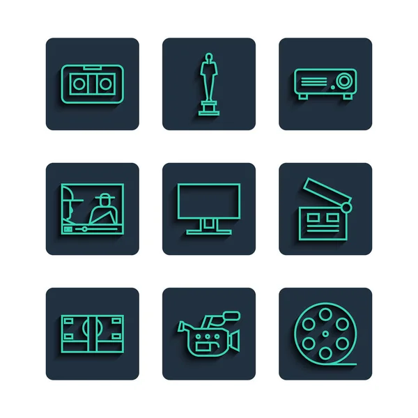 Set line Stapels papiergeld cash, Cinema camera, Film reel, Film, film, media projector, Smart Tv, Online play video, VHS cassette tape en clapper icoon. Vector — Stockvector