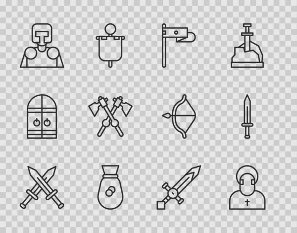 Set line Espada medieval cruzada, monje, bandera medieval, bolsa de dinero antiguo, caballero, hachas e icono. Vector — Archivo Imágenes Vectoriales
