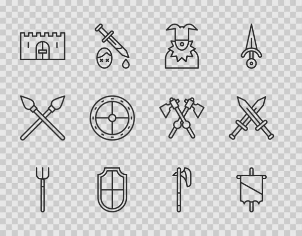 Set line Horquilla de jardín, Bandera medieval, Cabeza de Joker, Escudo, Puerta del castillo, Escudo de madera redonda, hacha e icono de espada medieval cruzada. Vector — Vector de stock