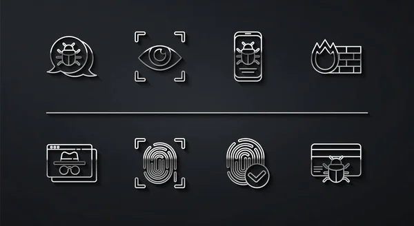 Set line System bug, Browser incognito window, Firewall, security wall, Fingerprint, Eye scan, credit card and on mobile icon. Vector — Διανυσματικό Αρχείο