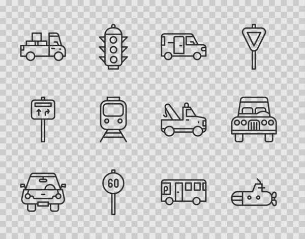 Set line Car, Submarine, Minibus, Speed limit traffic, Delivery truck, Train and railway, Bus and icon. Vector — Image vectorielle