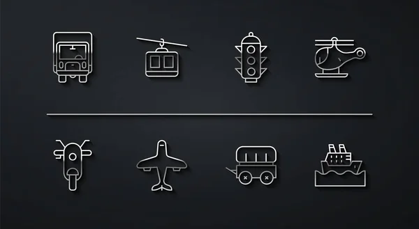 Set line Delivery cargo truck, Scooter, Helicopter, Wild west covered wagon, Plane, Cable, Cruise ship and Traffic light icon. Vector — Stockvektor