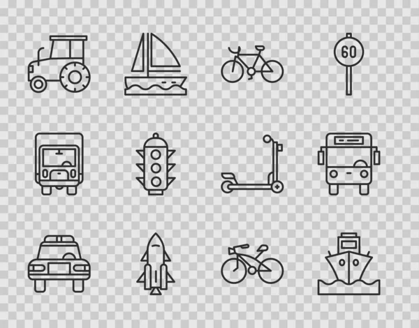 Set line Police car and flasher, Cargo ship, Bicycle, Rocket with fire, Tractor, Traffic light, and Bus icon. Vector — Vetor de Stock