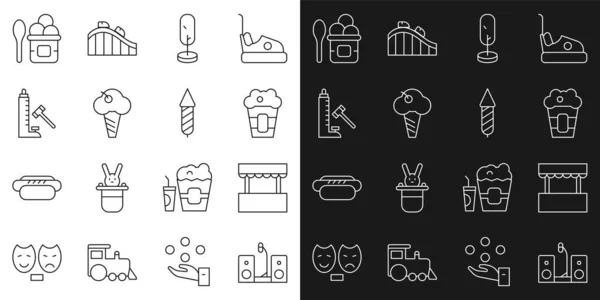 Set line Home stereo with two speakers, Ticket box office, Popcorn in, Tree, Ice cream waffle cone, Striker attraction hammer, bowl and Firework rocket icon. Vector — стоковый вектор