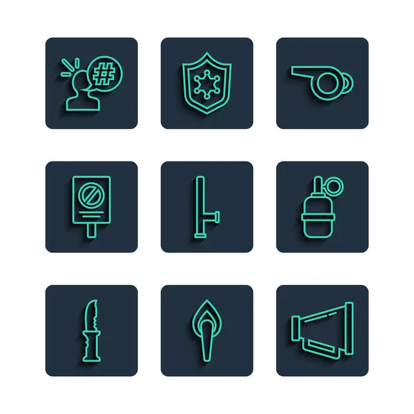 Set line Military knife, Torch flame, Megaphone, Whistle, Police rubber baton, Protest, and Hand grenade icon. Vector — стоковый вектор