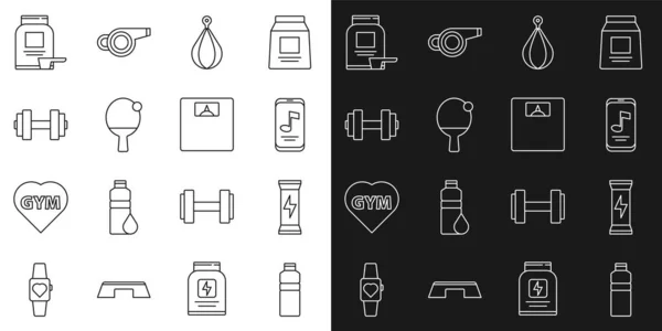 Set hattı fitness karıştırıcısı, spor beslenmesi, müzik çalar, kum torbası, raket ve top, Dumbbell ve banyo ikonu. Vektör — Stok Vektör