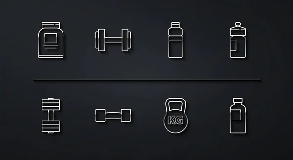 Set line Sports nutrition, Dumbbell, Fitness shaker, Kettlebell, and icon. Vector — Vetor de Stock