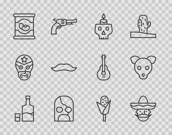 Set line Tequila bottle and glass, Mexican man sombrero, Burning candle on skull, wrestler, Beans, Mustache, Corn and Dog icon. Vector — стоковий вектор