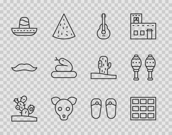 Set line Cactus, Chocolate bar, Mexican guitar, Dog, sombrero, Snake, Flip flops and Maracas icon. Vector — Stockvector