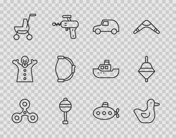 Set line Fidget spinner, Rubber duck, Toy car, Rattle baby toy, Baby stroller, Bow, Submarine and Whirligig icon. Vector — Stock Vector