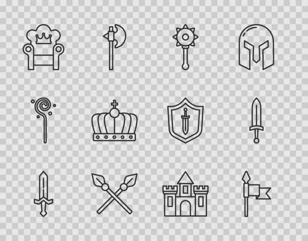 Set line Épée médiévale, lance, balle de masse enchaînée, Lances médiévales croisées, trône, couronne du roi, château, forteresse et icône. Vecteur — Image vectorielle