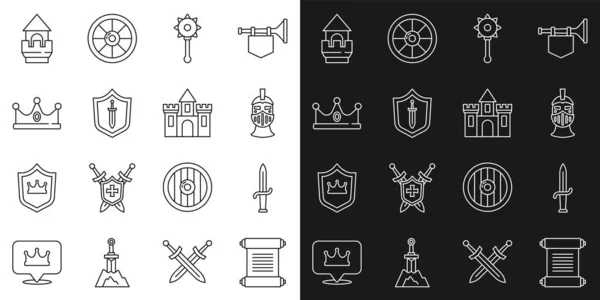Set line Decree, parchment, scroll, Dagger, Medieval iron helmet, chained mace ball, shield with sword, King crown, Castle tower and Castle, fortress icon. Vector — Stockvector