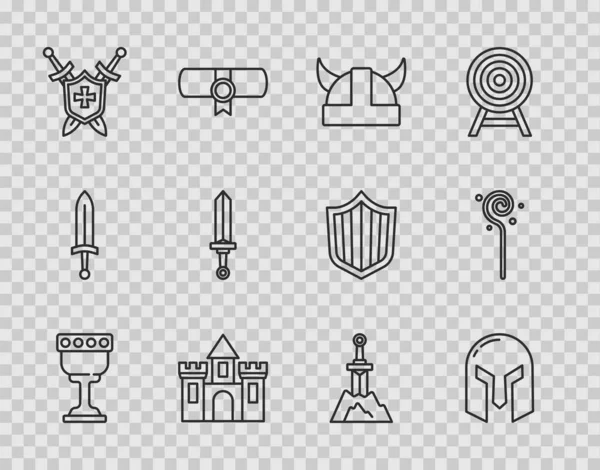 Set line Medieval goblet, iron helmet, Viking in horned, Castle, fortress, shield with swords, Sword the stone and Magic staff icon. Vector — Vetor de Stock