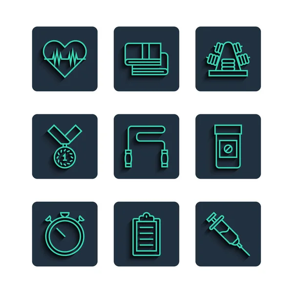 Set line Stopwatch, Sport training program, Doping syringe, Metal rack with weights, Jump rope, Medal, Heart rate and Anabolic drugs icon. Vector — Vector de stock