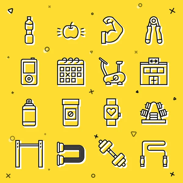 Set line Jump rope, Metal rack with weights, Gym building, Bodybuilder muscle, Calendar fitness, Music player, Bottle of water and Stationary bicycle icon. Vector — ストックベクタ