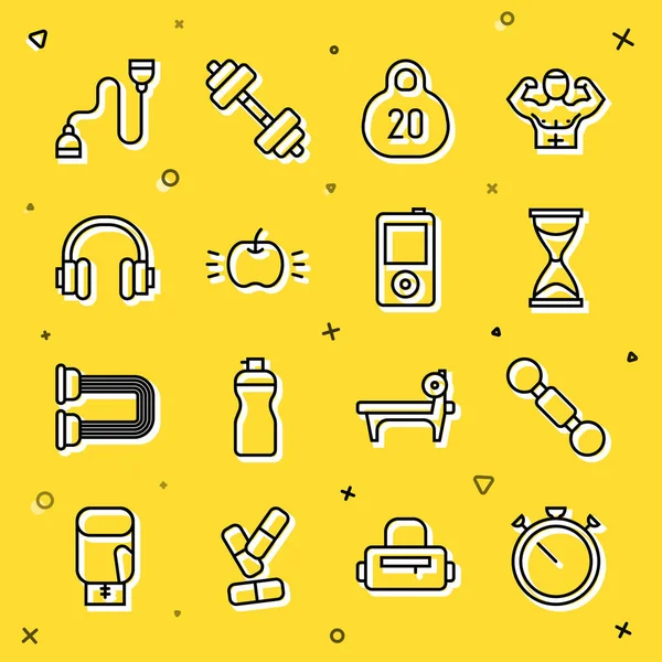 Set line Stopwatch, Dumbbell, Old hourglass, Kettlebell, Apple, Headphones, Chest expander and Music player icon. Vector — Image vectorielle