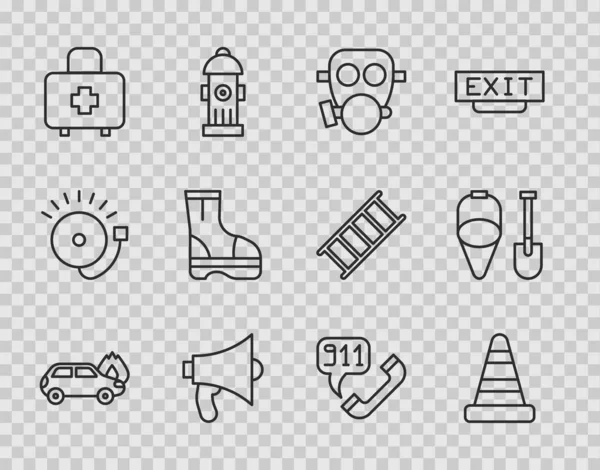 Set line Burning car, Traffic cone, Gas mask, Megaphone, First aid kit, Fire boots, Telephone call 911 and shovel and bucket icon. Vector — Archivo Imágenes Vectoriales
