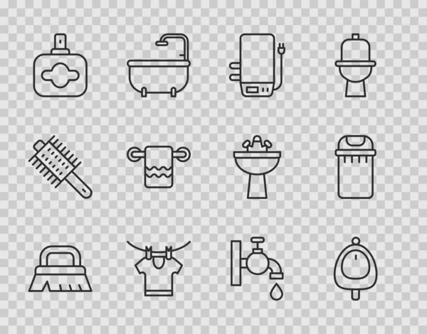Set Linie Pinsel für die Reinigung, Toilette Urinal Pissoir, Elektroboiler, Wäschetrocknen, Parfüm, Handtuch auf Kleiderbügel, Wasserhahn und Mülleimer Symbol. Vektor — Stockvektor