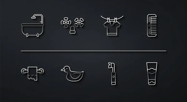 Set line Bathtub, Toilet paper roll, Hairbrush, Electric toothbrush, Rubber duck, Water tap, Tube of toothpaste and Drying clothes icon. Vector — ストックベクタ