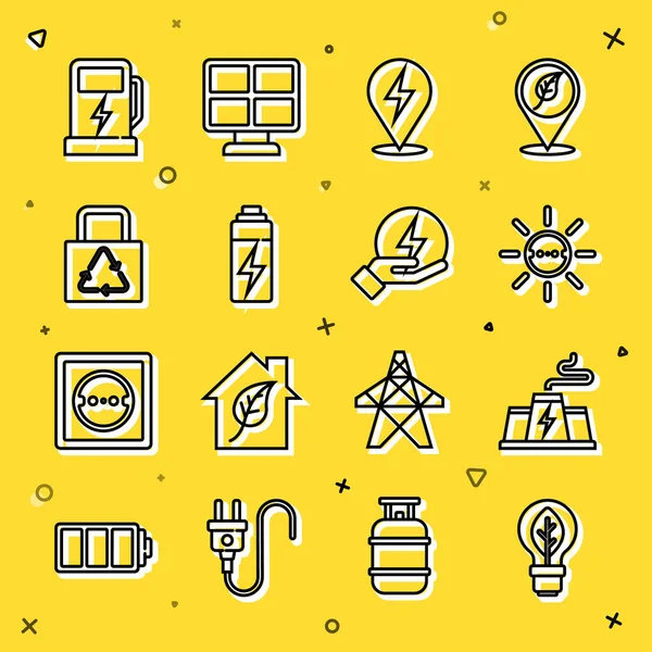 Set line Light bulb with leaf, Power station plant factory, Solar energy panel, Lightning bolt, Battery, Paper bag recycle, Electric car charging and icon. Vector — Archivo Imágenes Vectoriales