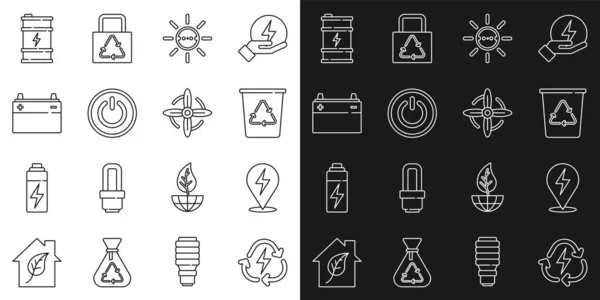 Set line Battery with recycle, Lightning bolt, Recycle bin, Solar energy panel, Power button, Car battery, Bio fuel barrel and Wind turbine icon. Vector — Vector de stock