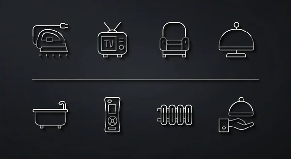 Set line Plancha eléctrica, Bañera, Cubierto con bandeja, Radiador de calefacción, Control remoto, Retro tv, y sillón icono. Vector — Vector de stock