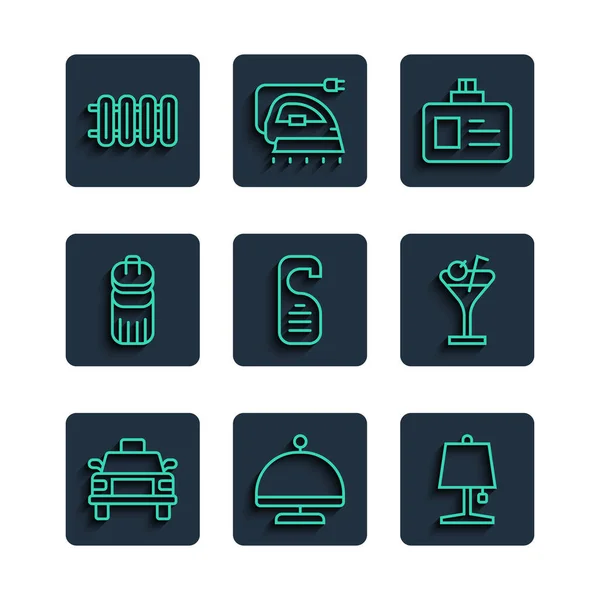Set line Taxi car, Covered with tray, Table lamp, Identification badge, Please do not disturb, Trash can, Heating radiator and Martini glass icon. Vector — Stockvektor
