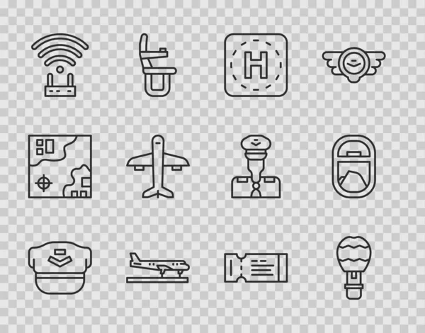 Set Line Pilot Hut, Heißluftballon, Hubschrauberlandeplatz, Flugzeug, Router Wi-Fi-Signal, Airline-Ticket und Flugzeug-Fenster-Symbol. Vektor — Stockvektor