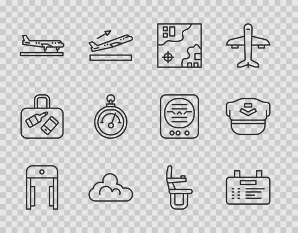 Set line Metal detector in airport, Airport board, World travel map, Cloud weather, Plane, Barometer, Airplane seat and Pilot hat icon. Vector — Stockový vektor