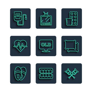 Set line Slippers, False jaw, Crutch or crutches, Pills in blister pack, Nursing home, Heart rate, IV bag and Pillow icon. Vector