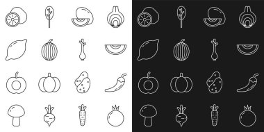 Set line Tomato, Hot chili pepper pod, Melon fruit, Watermelon, Lemon, Kiwi and Fresh green onions icon. Vector