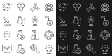 Set line Chemical explosion, Petri dish with bacteria, Test tube radiation, and flask, Microscope, and Radioactive in location icon. Vector